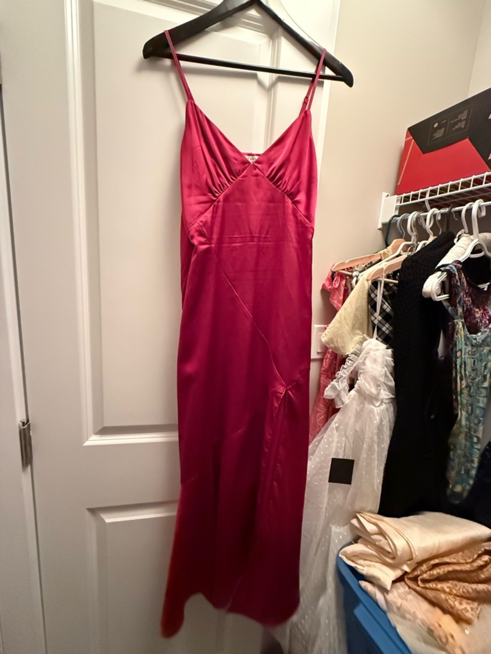 Sasha Satin Midi Slit Slip Dress in Fuchsia Pink